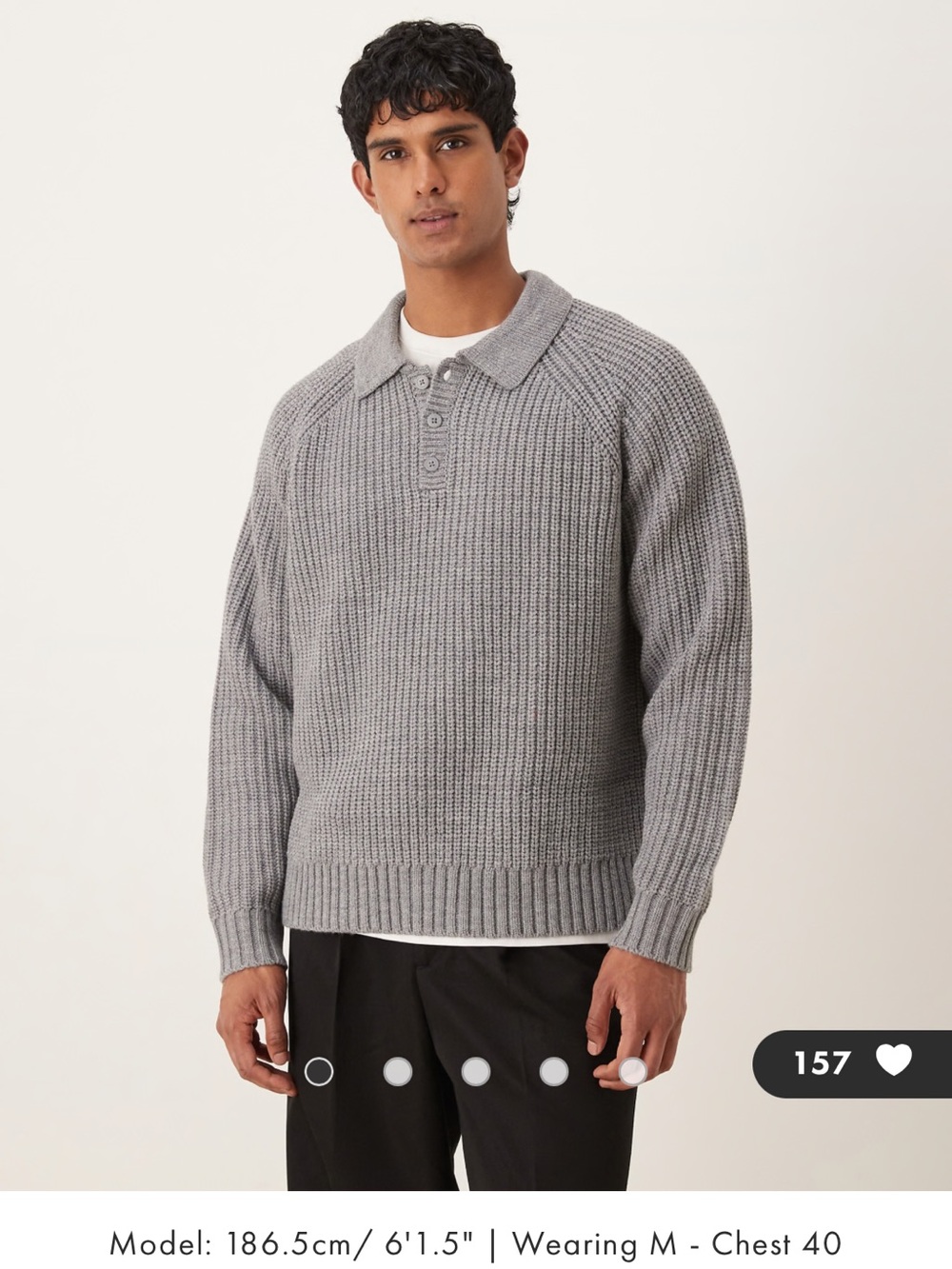 ASOS Grey Rib-Knit Polo Collar Cardigan Sweater